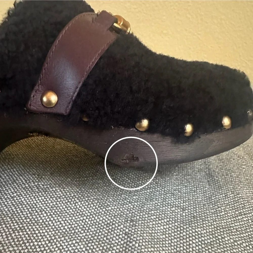 Tory Burch “Jessa” Clog With Horse Bit In Black Shearling Size 6.5